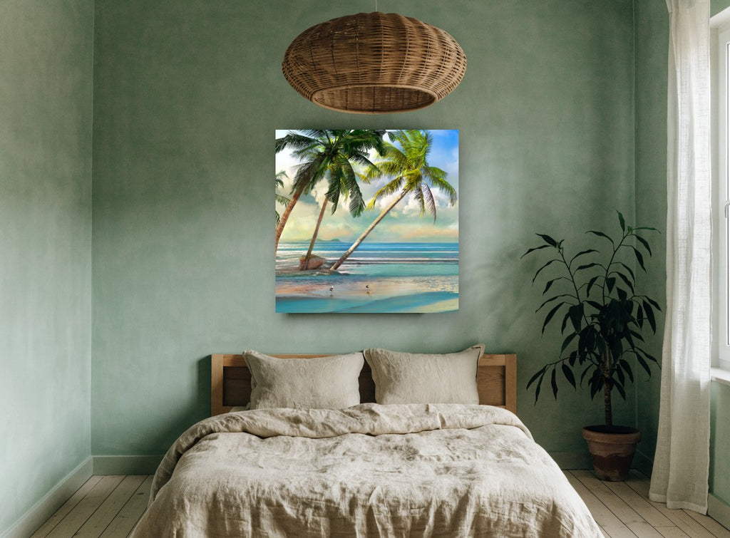 Leaning Palms Shoreline coastal canvas print on the wall of a bedroom