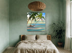 Leaning Palms Shoreline coastal canvas print on the wall of a bedroom