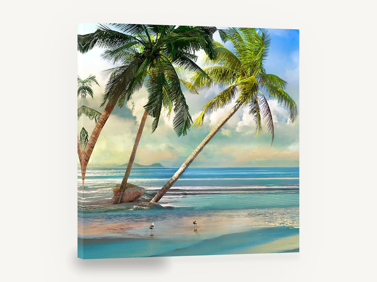 Leaning Palms Shoreline, tropical palm beach seascape, coastal canvas wall art print ready to hang