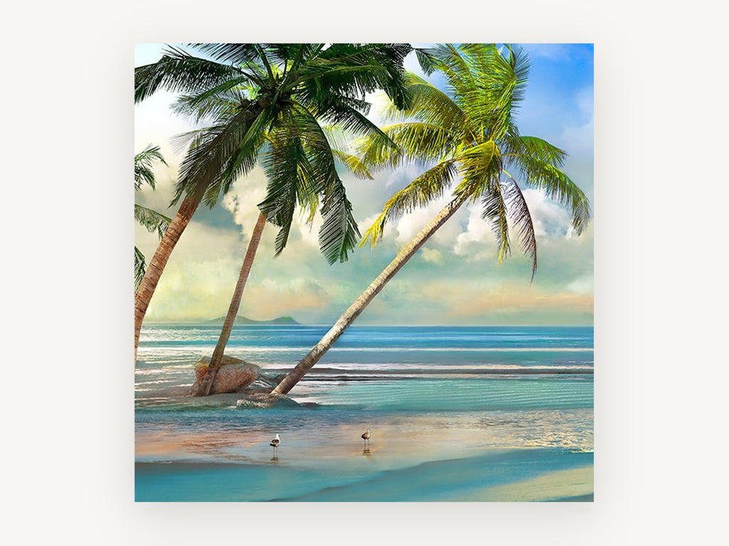 Leaning Palms Shoreline, coastal canvas wall art print, front view