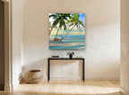 Leaning Palms Shoreline coastal canvas print on the wall of a hallway
