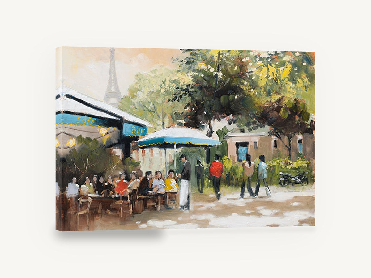 Teal Awning Café, paris café street scene painting, city canvas wall art print ready to hang