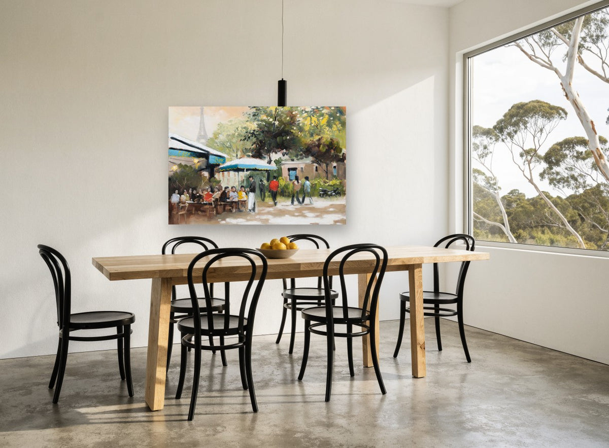 Teal Awning Café city canvas print on the wall of a dining room