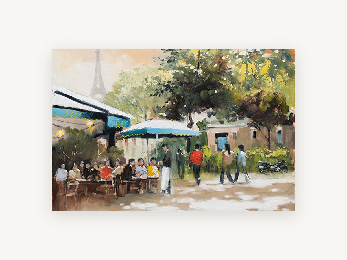 Teal Awning Café, paris café street scene painting, city canvas wall art print, front view