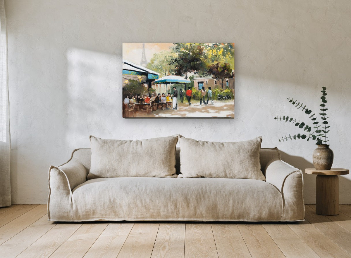 Teal Awning Café city canvas print on the wall of a living room