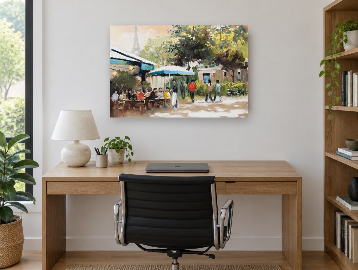 Teal Awning Café city canvas print on the wall of a study