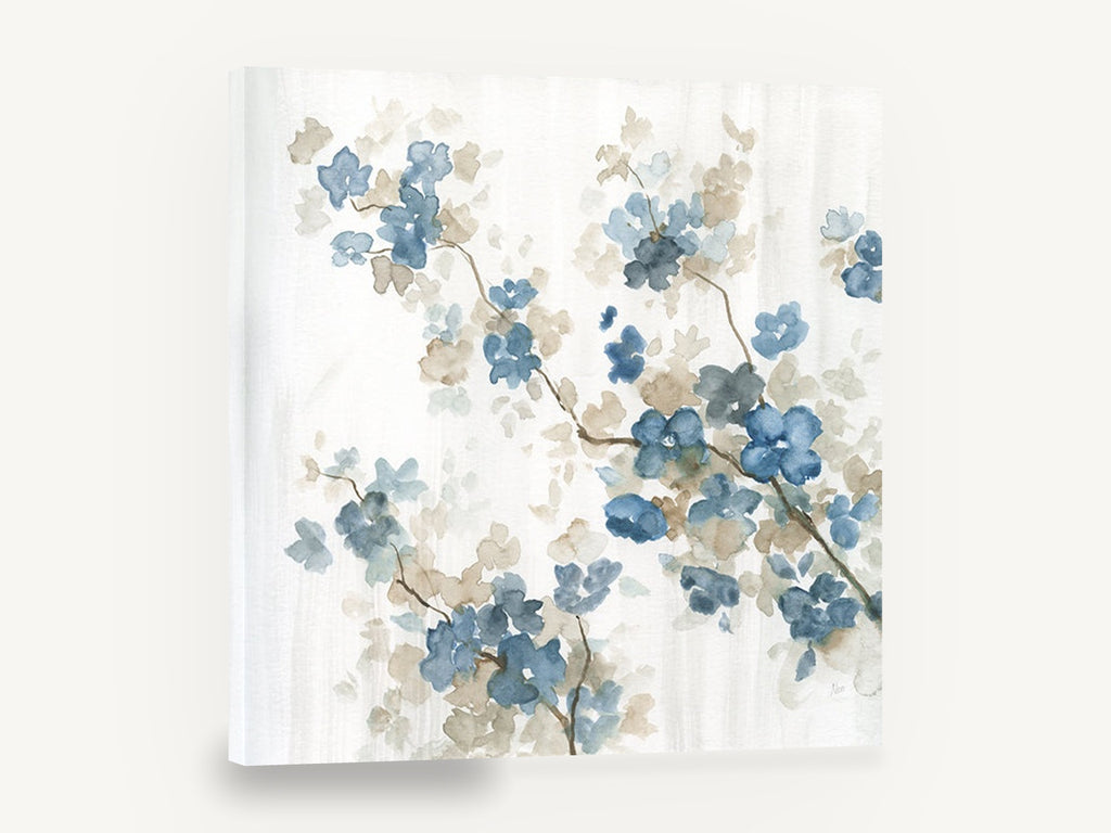 Blue Blossom Drift, blue blossom branch watercolour botanical, floral canvas wall art print ready to hang