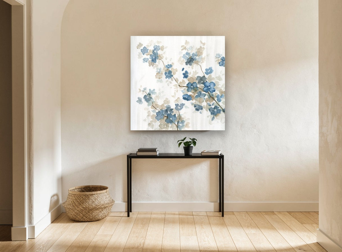 Blue Blossom Drift floral canvas print on the wall of a hallway