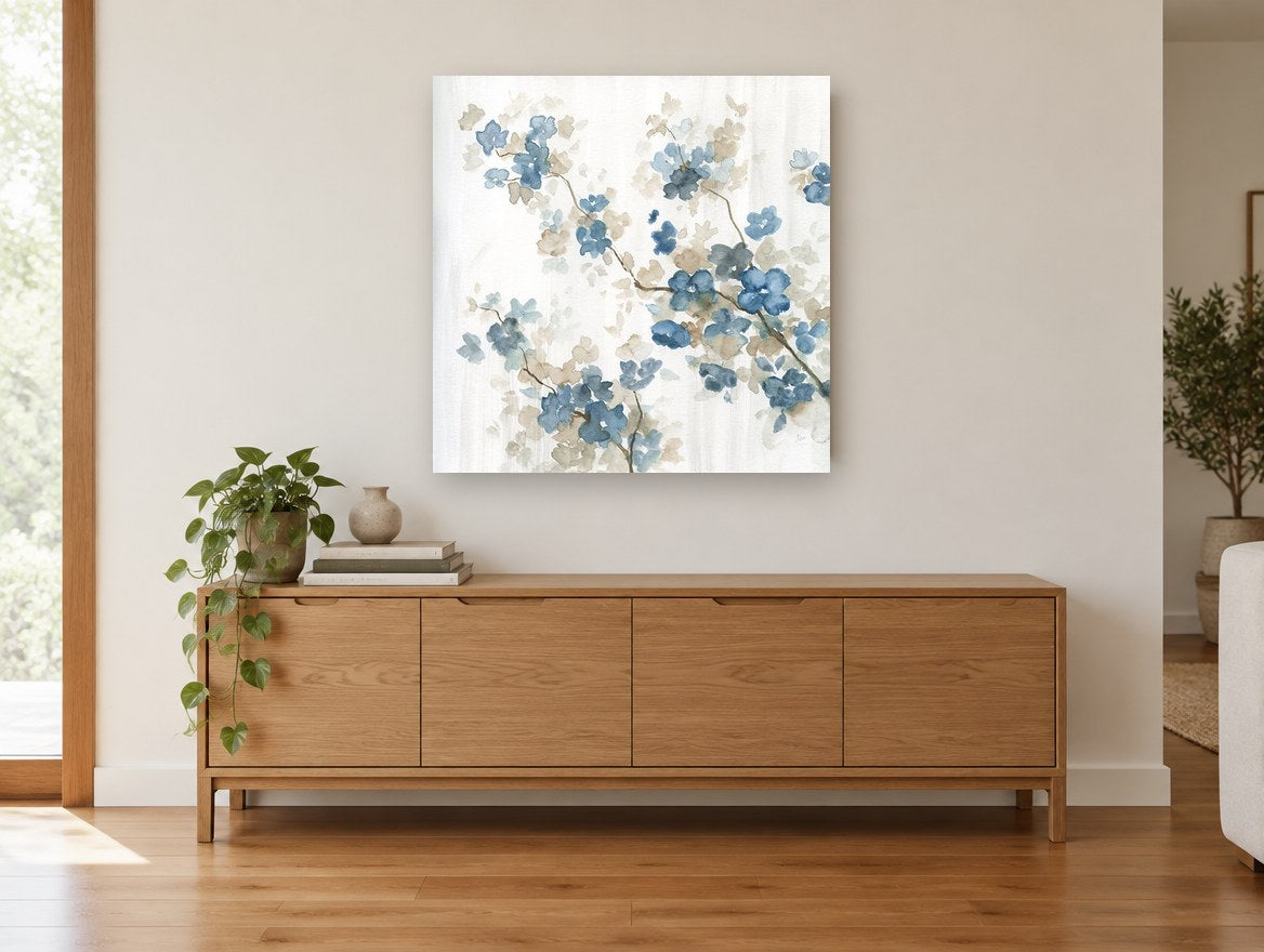 Blue Blossom Drift floral canvas print on the wall of a living room above a sideboard
