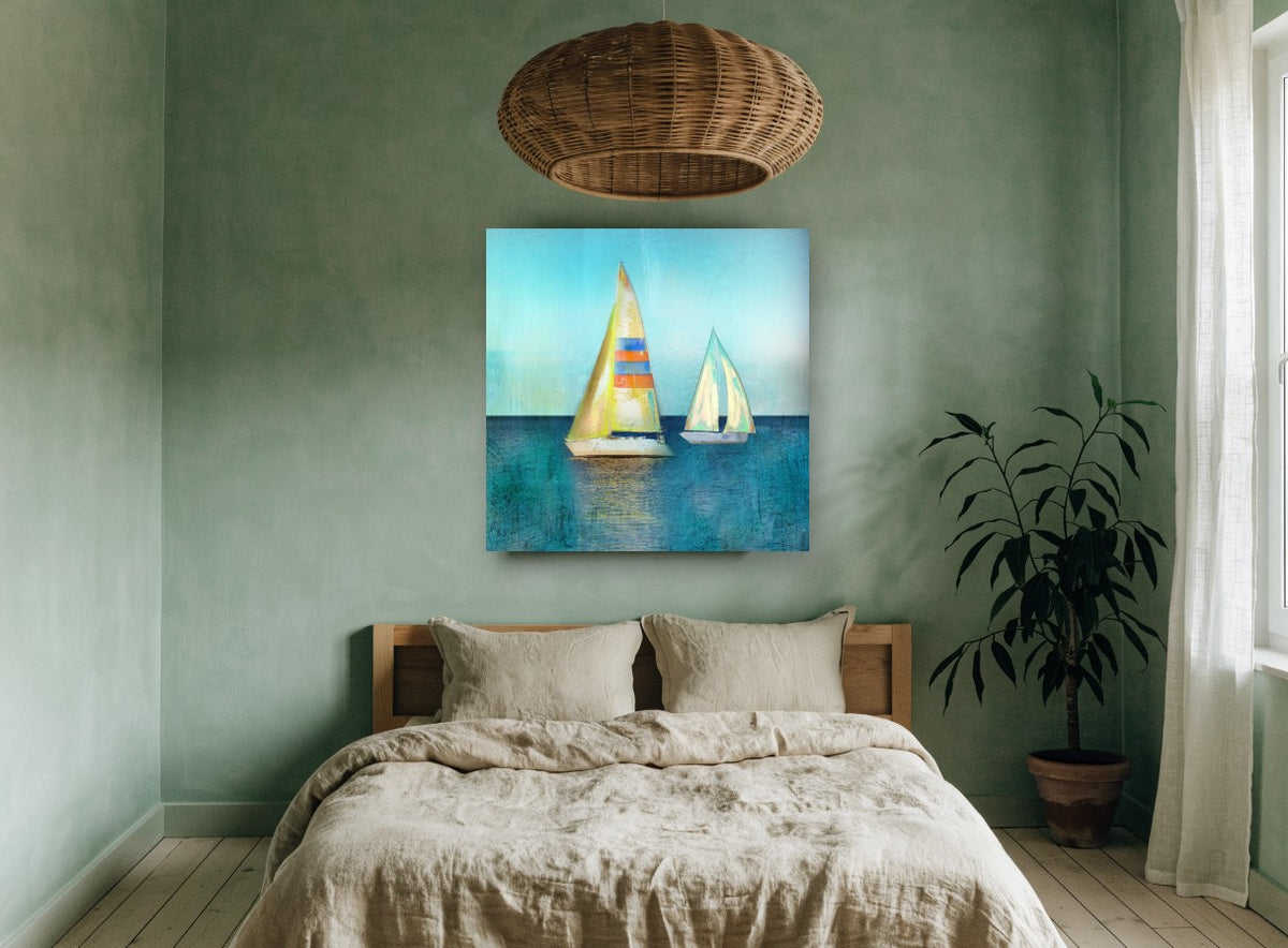 Two Sails Teal Calm coastal canvas print on the wall of a bedroom