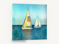 Two Sails Teal Calm, sailboats on teal sea mixed media, coastal canvas wall art print ready to hang