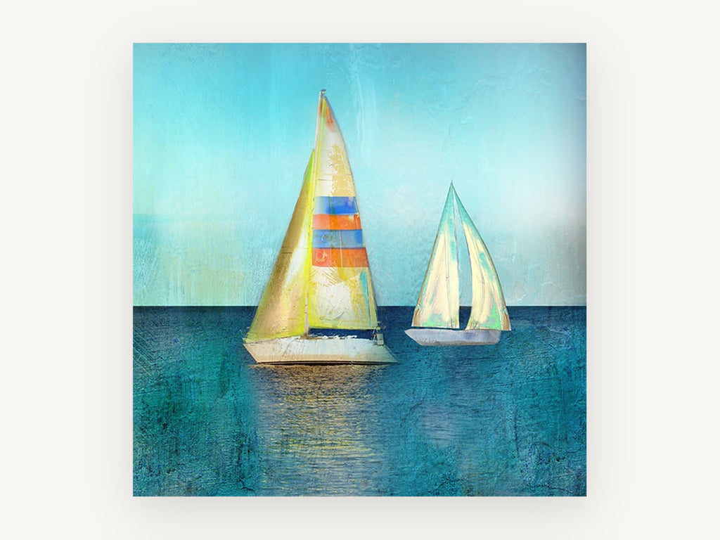 Two Sails Teal Calm, coastal canvas wall art print, front view