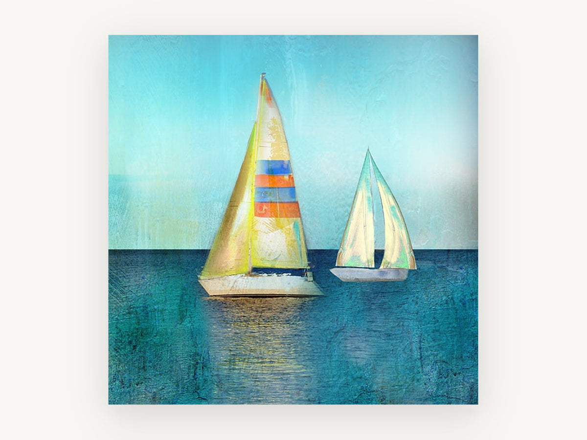 Two Sails Teal Calm, coastal canvas wall art print, front view