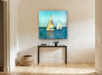 Two Sails Teal Calm coastal canvas print on the wall of a hallway