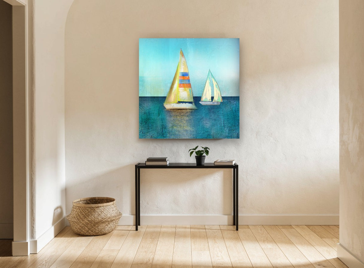 Two Sails Teal Calm coastal canvas print on the wall of a hallway