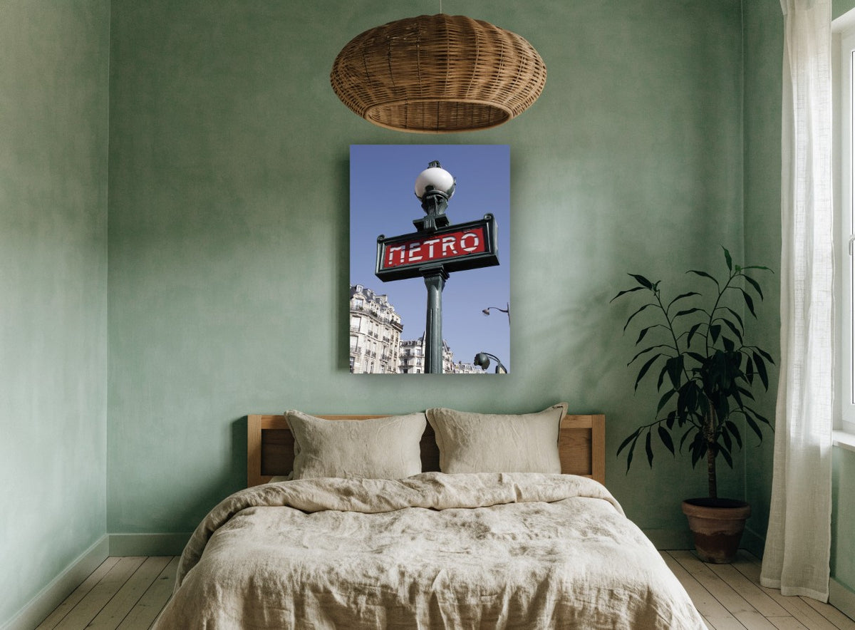 Green Metro Signpost city canvas print on the wall of a bedroom