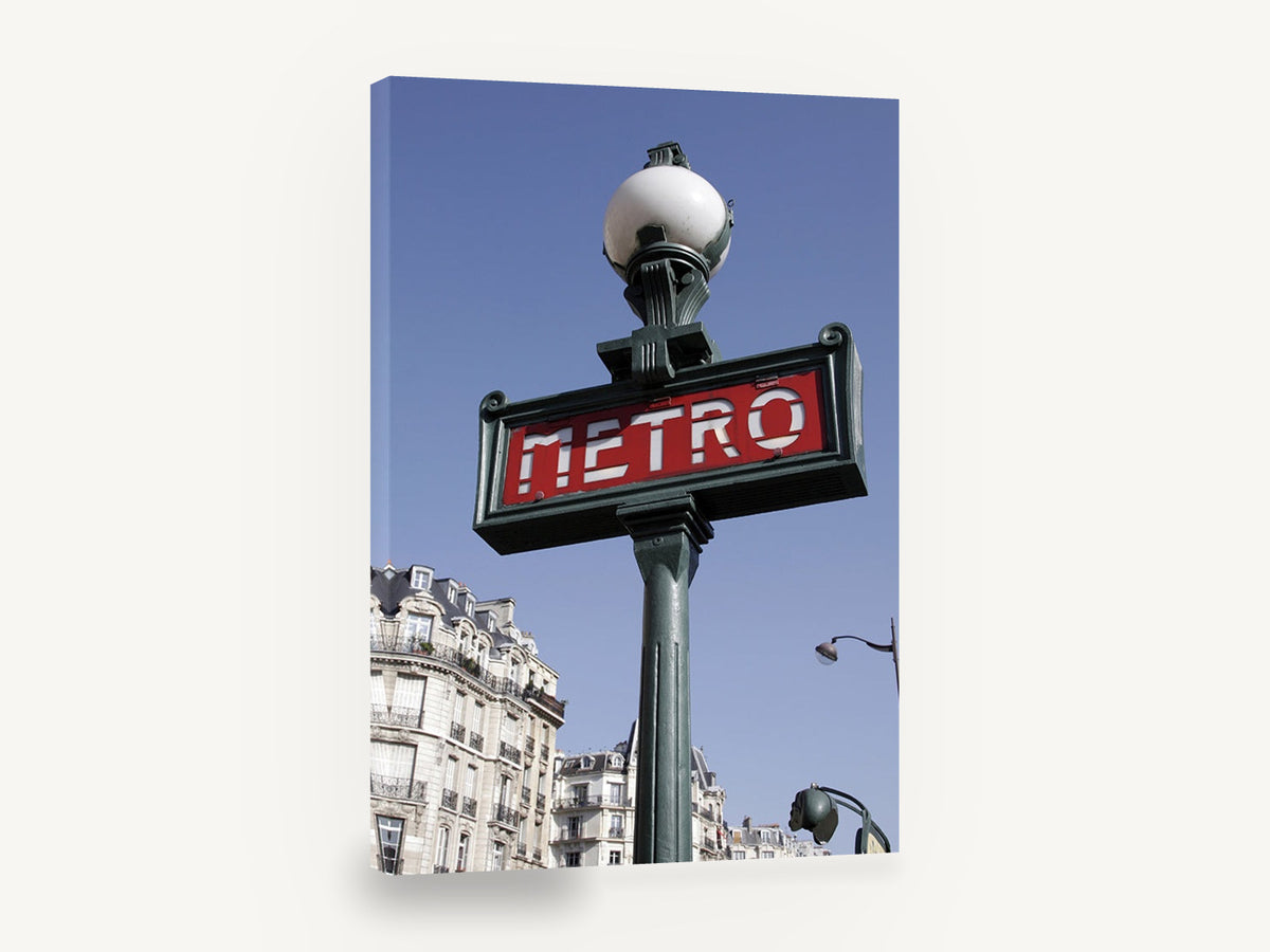 Green Metro Signpost, paris metro sign photograph, city canvas wall art print ready to hang