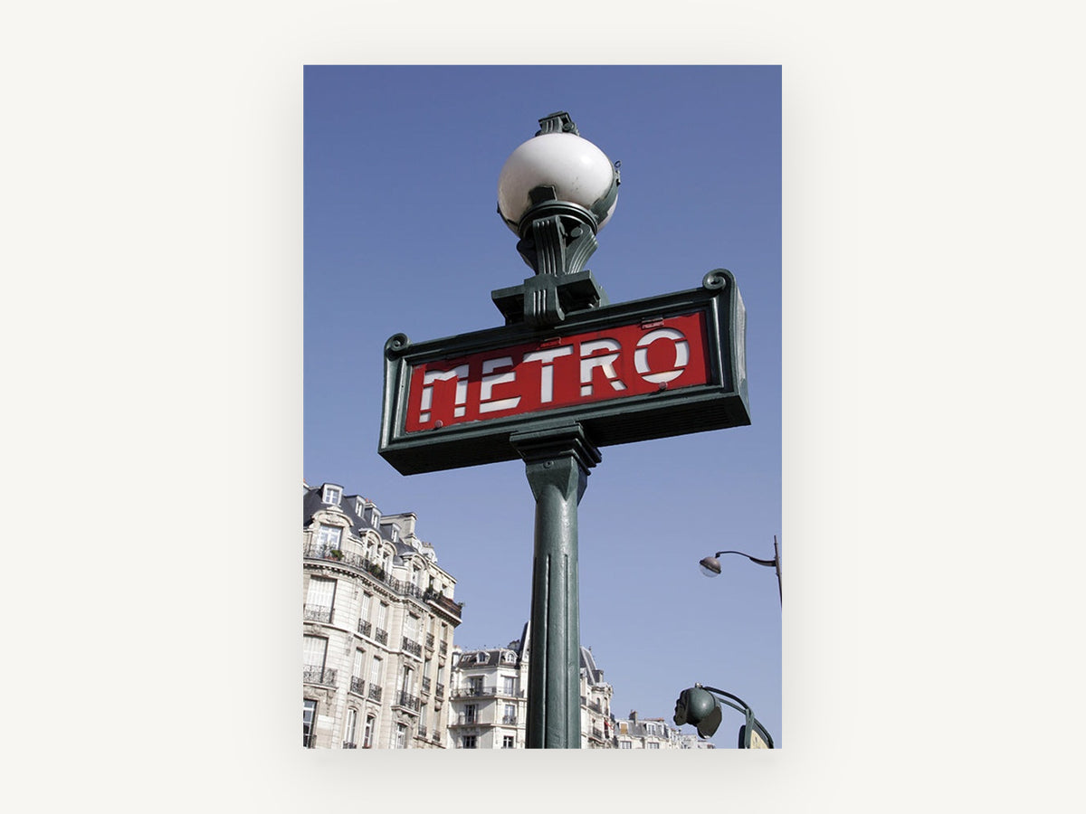 Green Metro Signpost, paris metro sign photograph, city canvas wall art print, front view