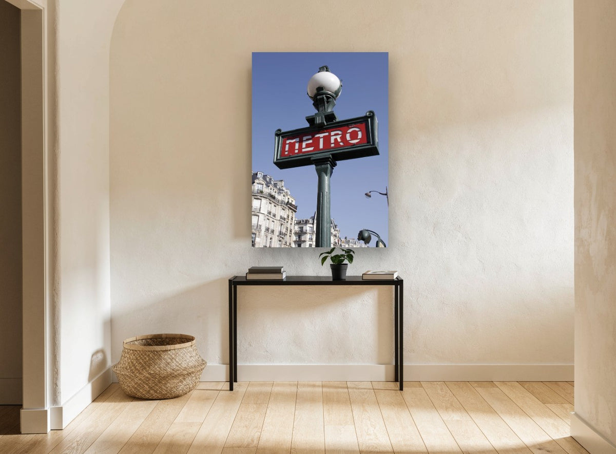 Green Metro Signpost city canvas print on the wall of a hallway