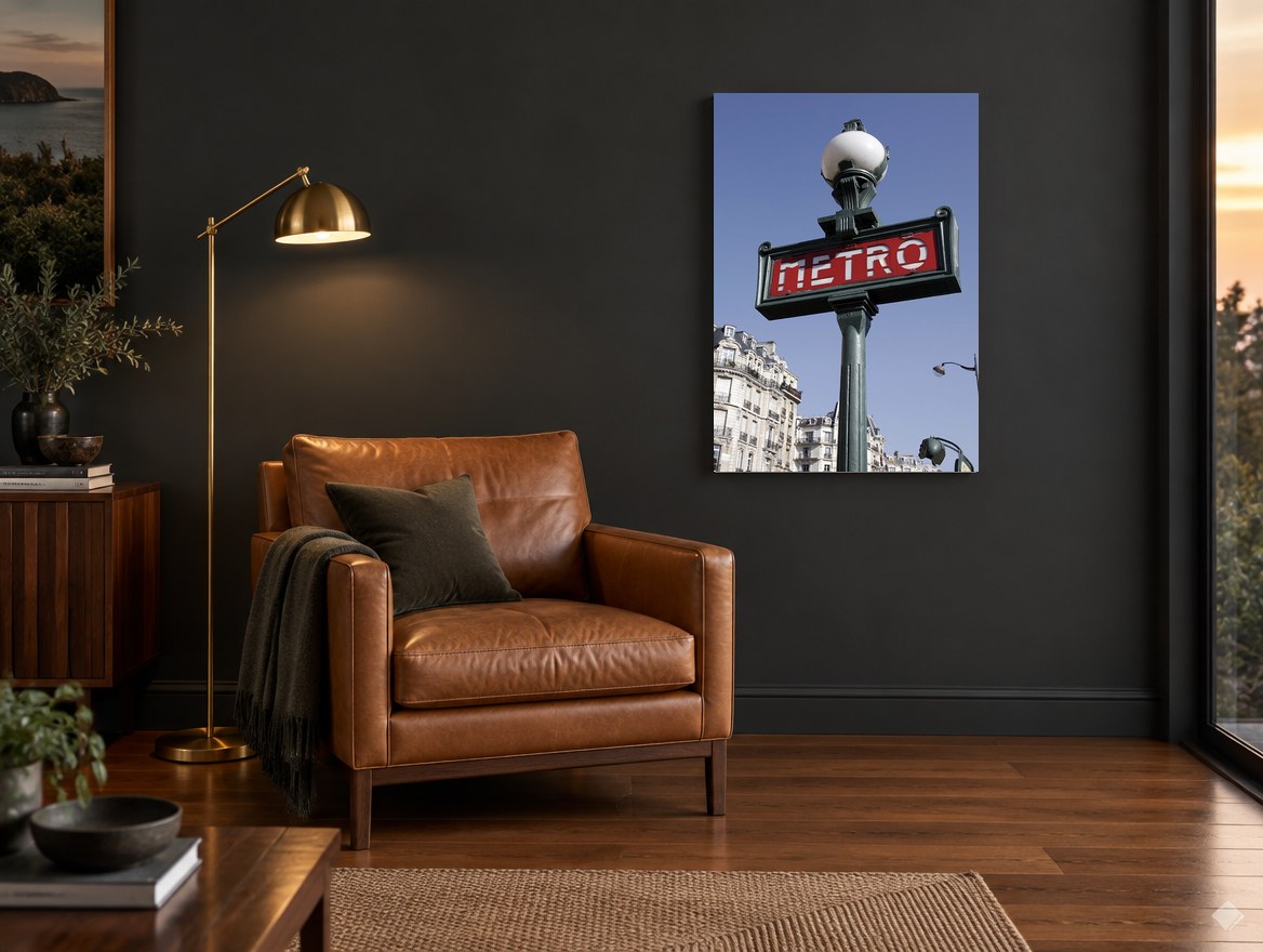 Green Metro Signpost city canvas print on the wall of a charcoal living room