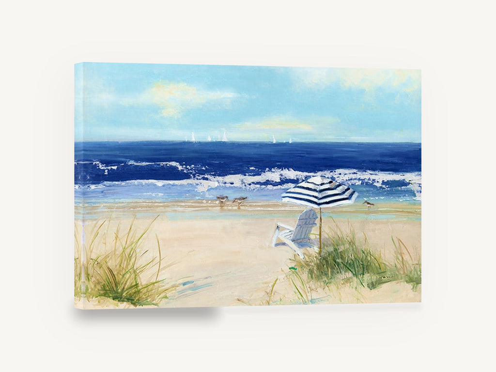 Striped Umbrella Shore, beach umbrella chair seascape painting, coastal canvas wall art print ready to hang