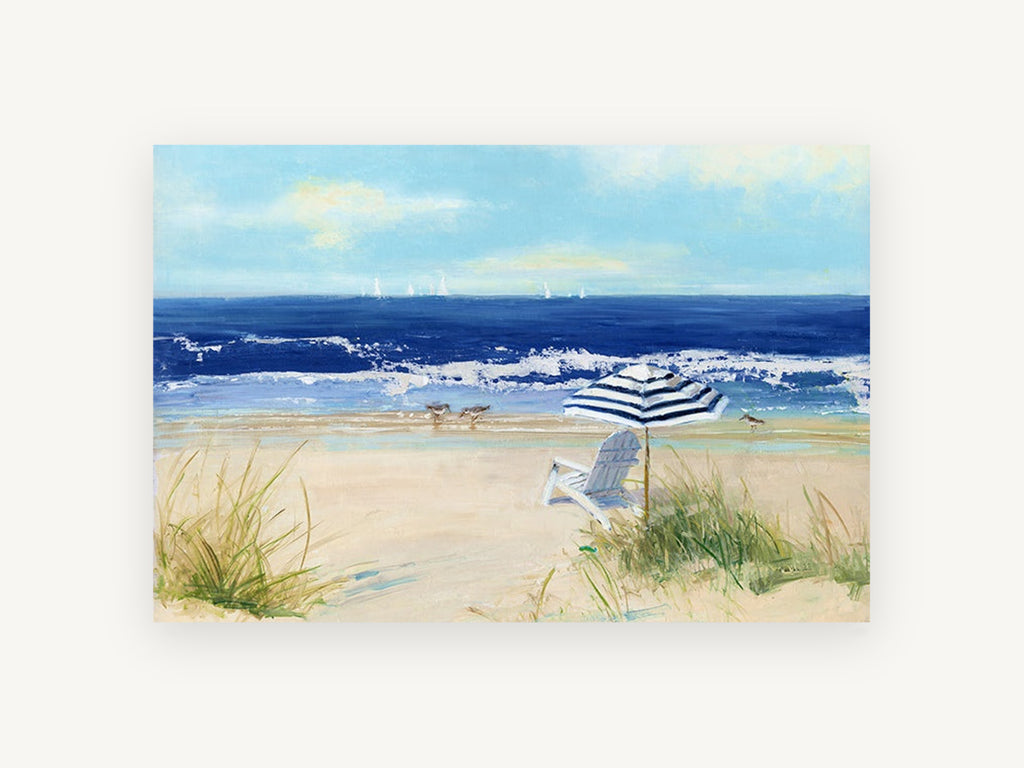 Striped Umbrella Shore, coastal canvas wall art print, front view