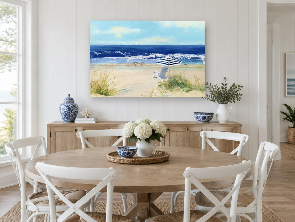 Striped Umbrella Shore coastal canvas print on the wall of a Hamptons dining room