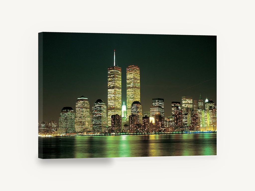 Emerald Harbour Skyline, twin towers night skyline photograph, coastal canvas wall art print ready to hang