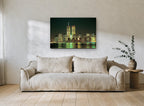 Emerald Harbour Skyline coastal canvas print on the wall of a living room