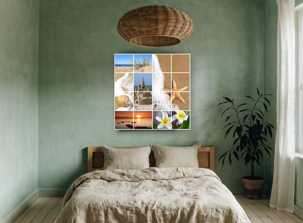 Summer Beach Montage coastal canvas print on the wall of a bedroom