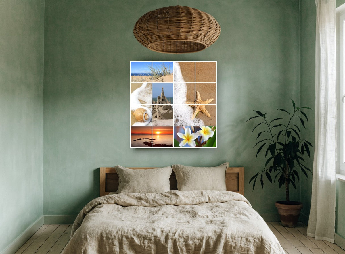 Summer Beach Montage coastal canvas print on the wall of a bedroom
