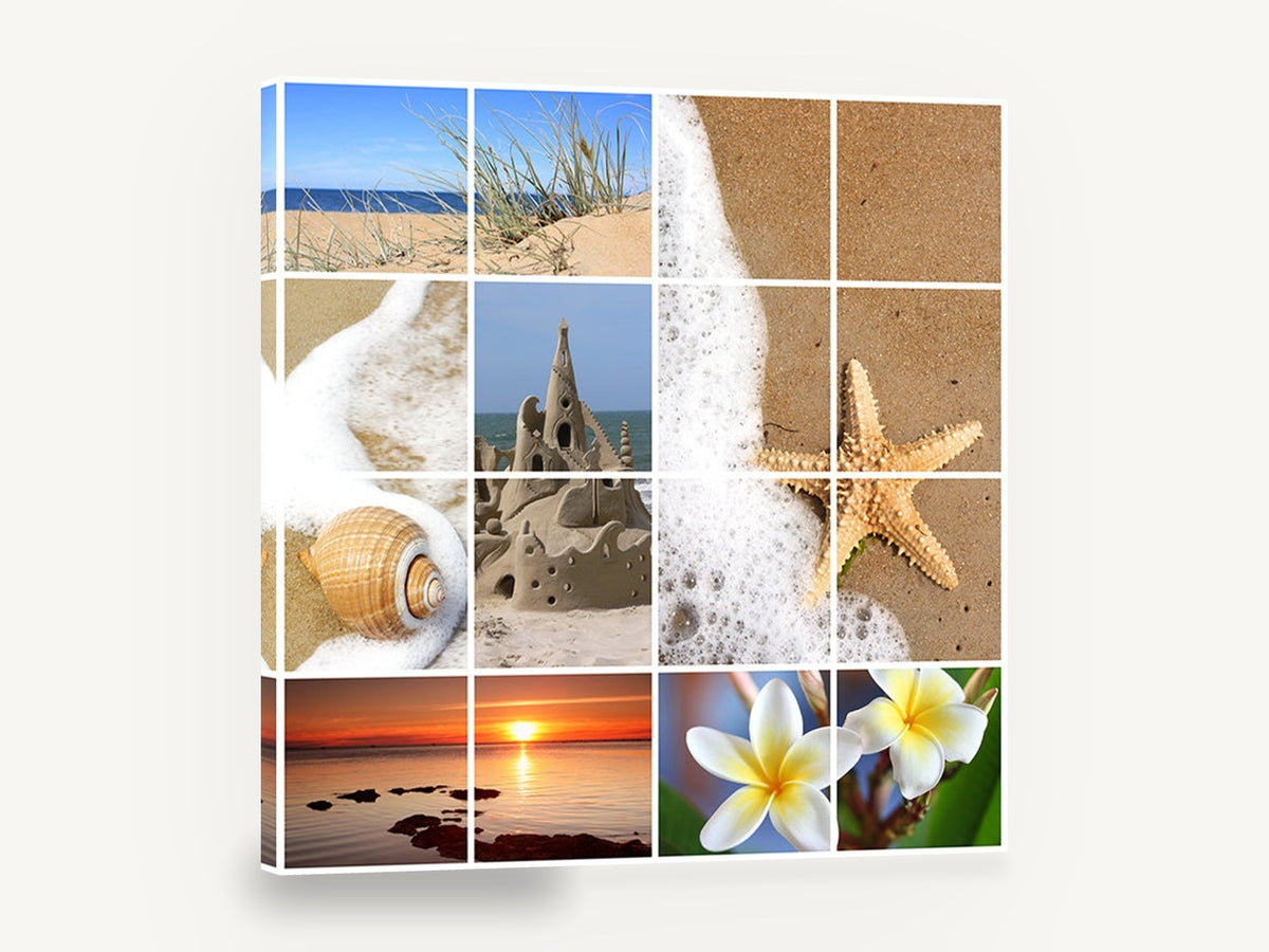 Summer Beach Montage, beach holiday photo collage square, coastal canvas wall art print ready to hang