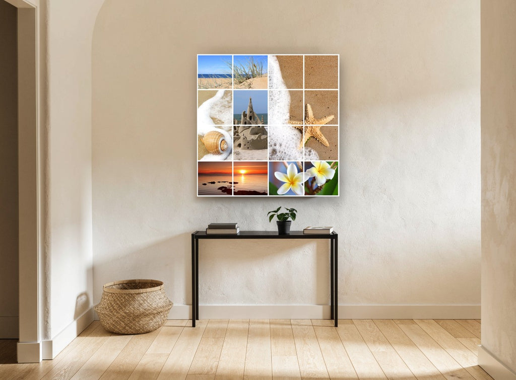Summer Beach Montage coastal canvas print on the wall of a hallway
