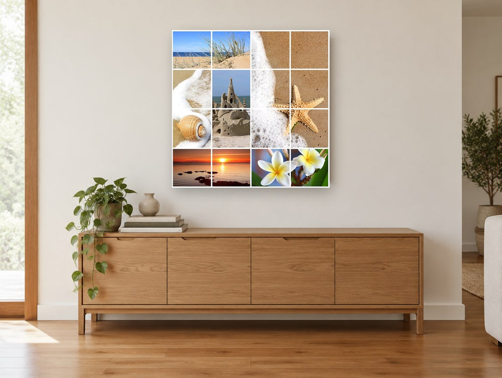 Summer Beach Montage coastal canvas print on the wall of a living room above a sideboard