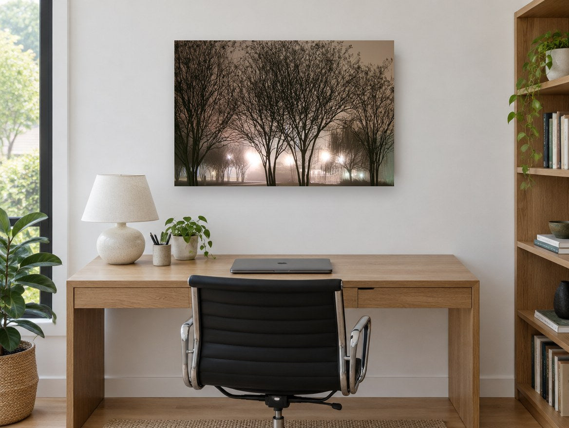 Lamplit Winter Trees landscape canvas print on the wall of a study