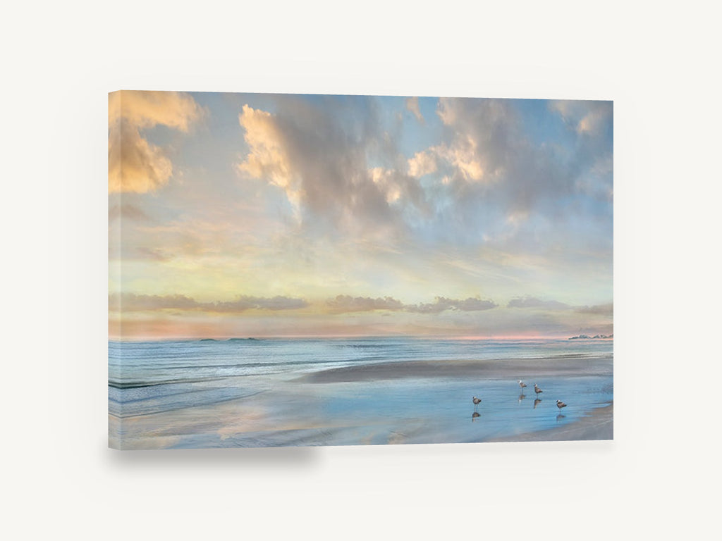 Gulls at Soft Dusk, seagulls on pastel beach photograph, coastal canvas wall art print ready to hang