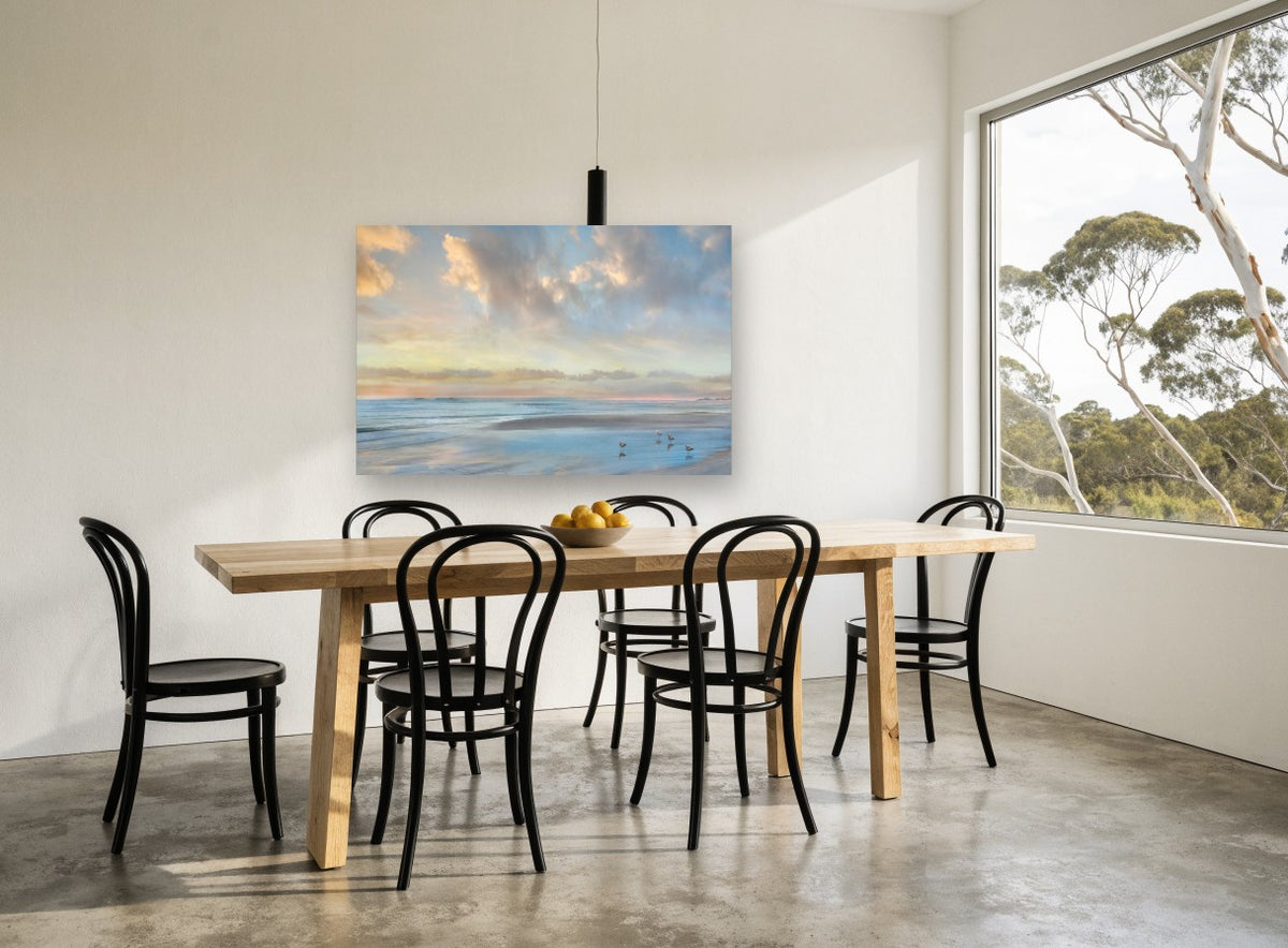 Gulls at Soft Dusk coastal canvas print on the wall of a dining room