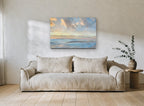 Gulls at Soft Dusk coastal canvas print on the wall of a living room