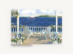 Porch Chairs and Sail, verandah seascape with sailboat artwork, coastal canvas wall art print ready to hang