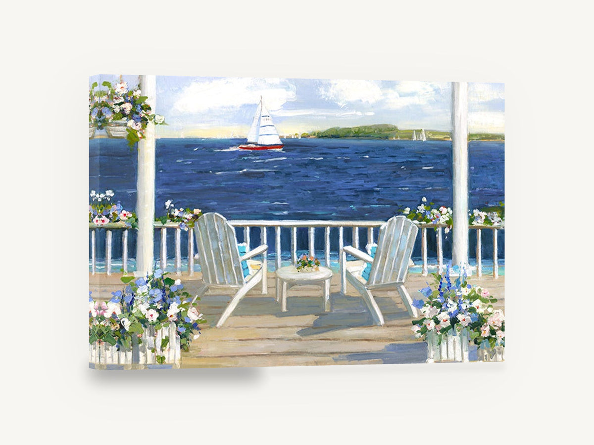 Porch Chairs and Sail, verandah seascape with sailboat artwork, coastal canvas wall art print ready to hang