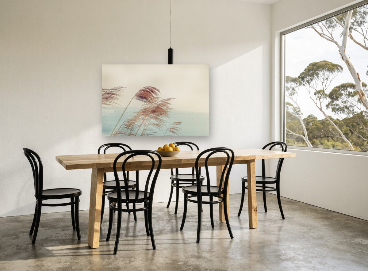 Reeds in the Breeze floral canvas print on the wall of a dining room