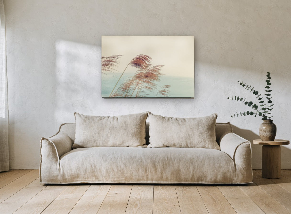 Reeds in the Breeze floral canvas print on the wall of a living room