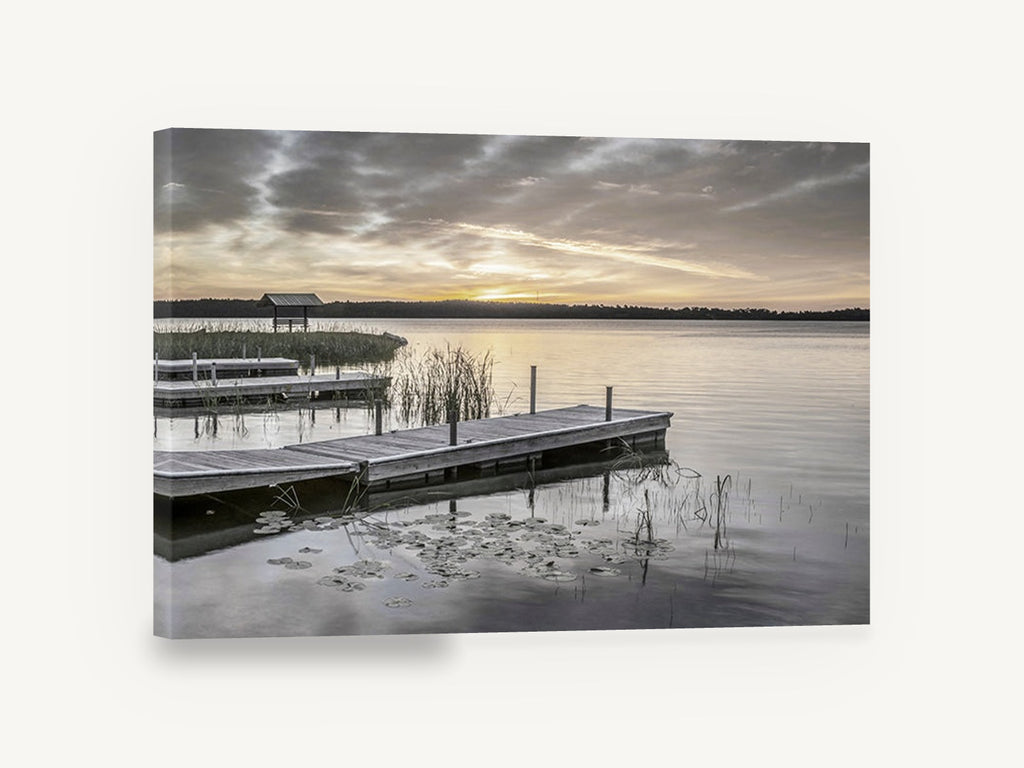 Lily Pad Jetty Dawn, lake jetty sunrise photograph, landscape canvas wall art print ready to hang