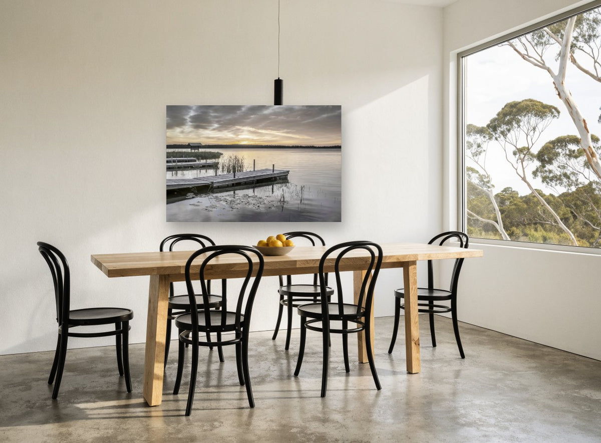 Lily Pad Jetty Dawn landscape canvas print on the wall of a dining room