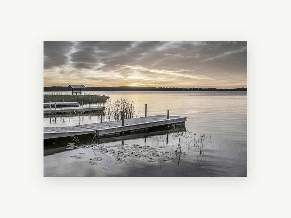Lily Pad Jetty Dawn, lake jetty sunrise photograph, landscape canvas wall art print, front view