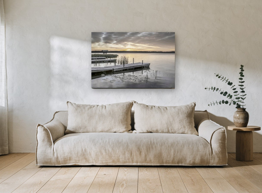 Lily Pad Jetty Dawn landscape canvas print on the wall of a living room