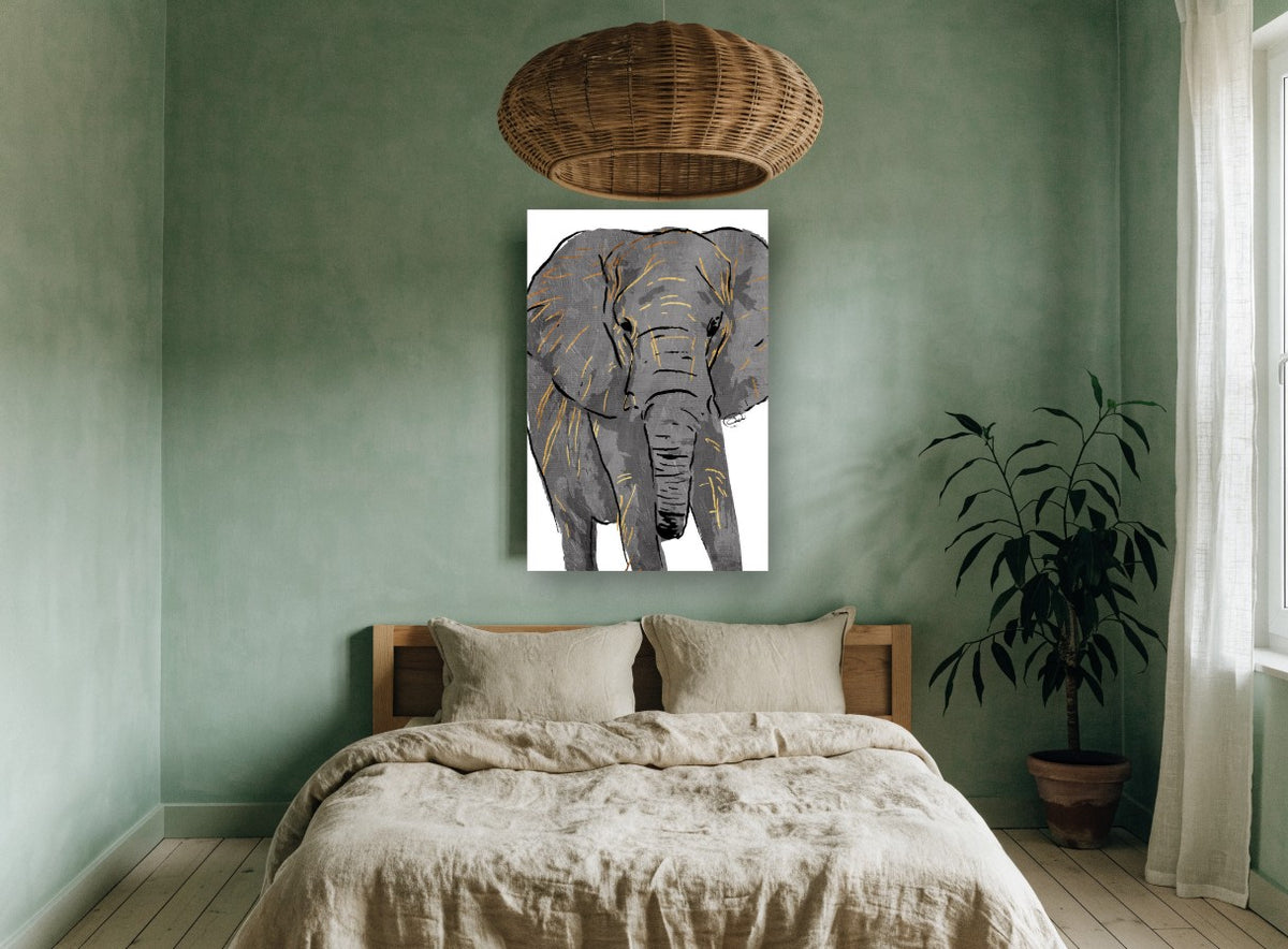 Gilded Grey Elephant animal canvas print on the wall of a bedroom