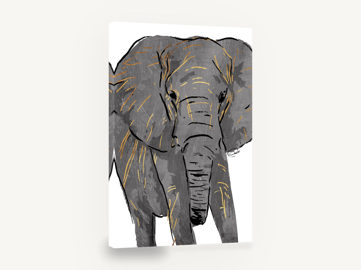 Gilded Grey Elephant, grey elephant illustration with gold, animal canvas wall art print ready to hang