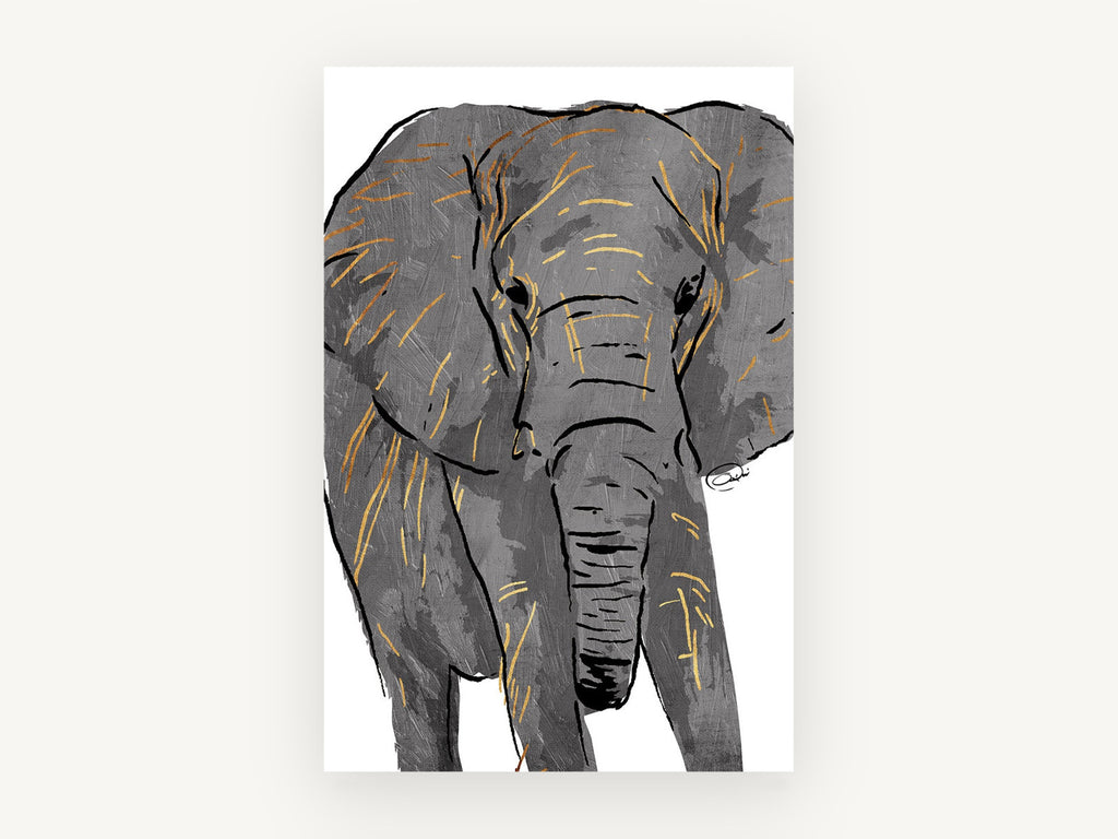 Gilded Grey Elephant, grey elephant illustration with gold, animal canvas wall art print, front view