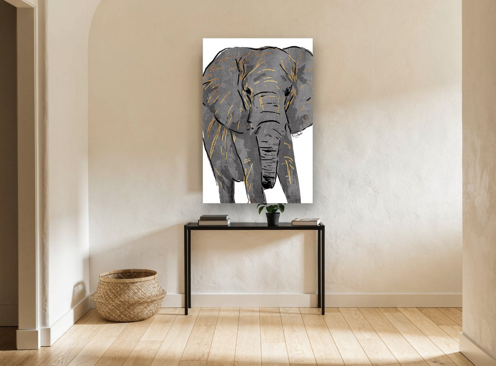 Gilded Grey Elephant animal canvas print on the wall of a hallway